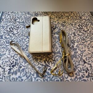 iPhone 16 plus Gold Wallet Phone Case with Crossbody and Wristlet Strap